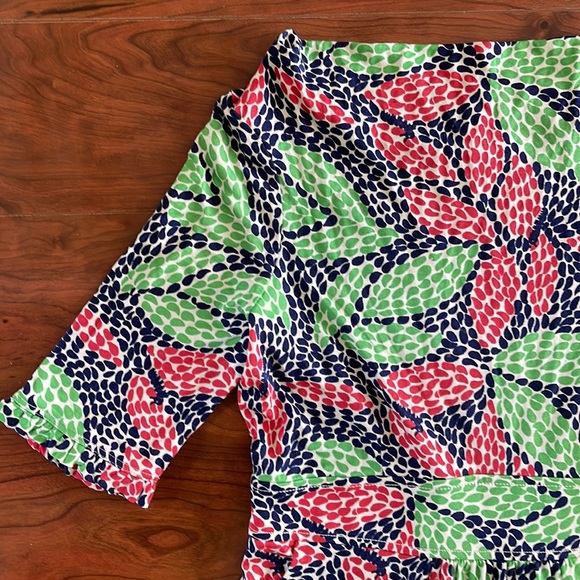 Lilly Pulitzer Green and Blue Silk Blend Half Sleeve Midi Pleated A Line Dress - Picture 4 of 8